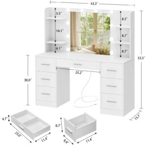 Quimoo Large Vanity Desk with LED Lighted Mirror & Power Outlet,Makeup Vanity Table with 7 Drawers,4 Shelves and 5 Hooks,Vanity Table, Vanity Desk Set for Bedroom,Bathroom,White