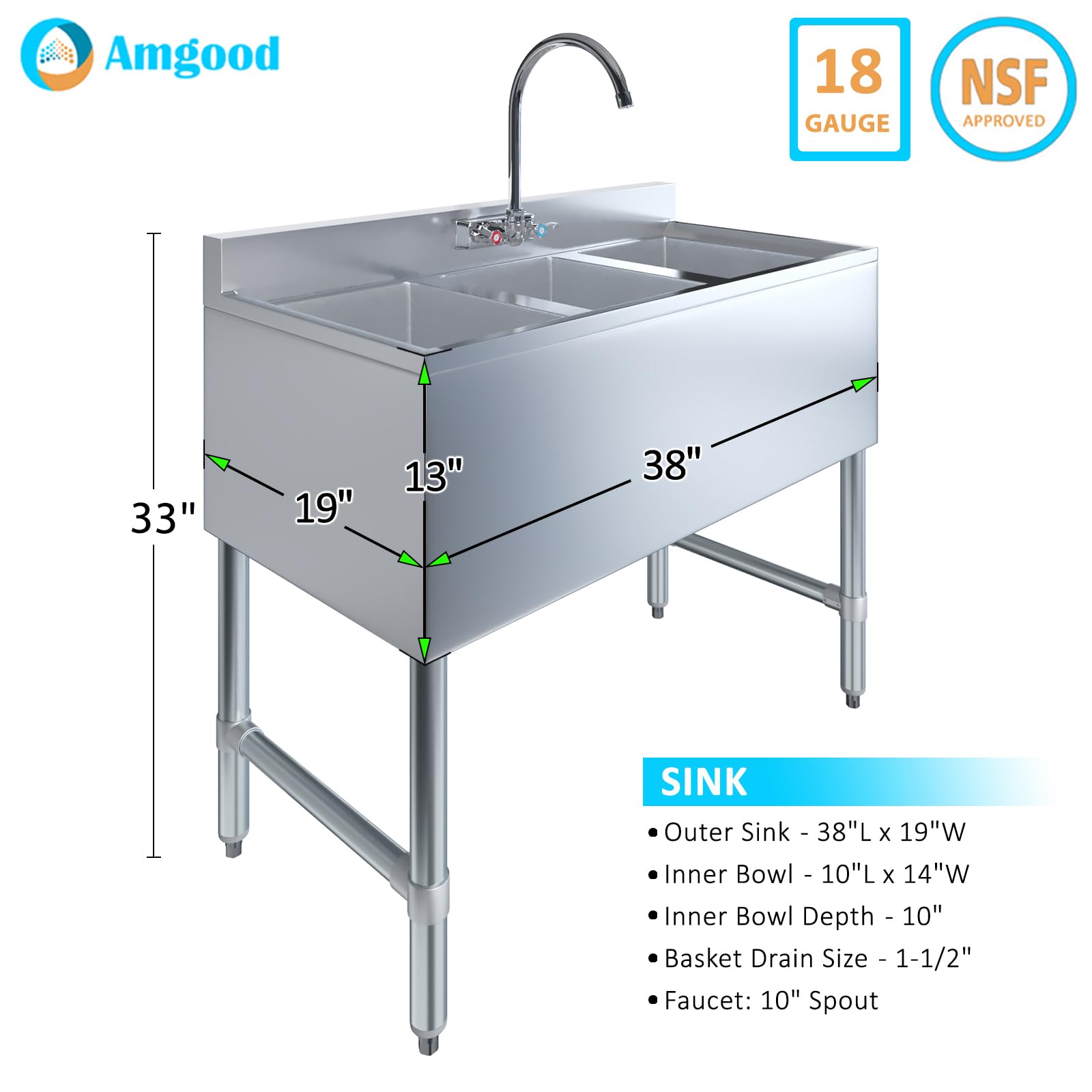 AmGood 3 Compartment Under Bar Sink With Faucet - 38" X 18 3/4". NSF. Commercial Three Bowl Under Bar Sink