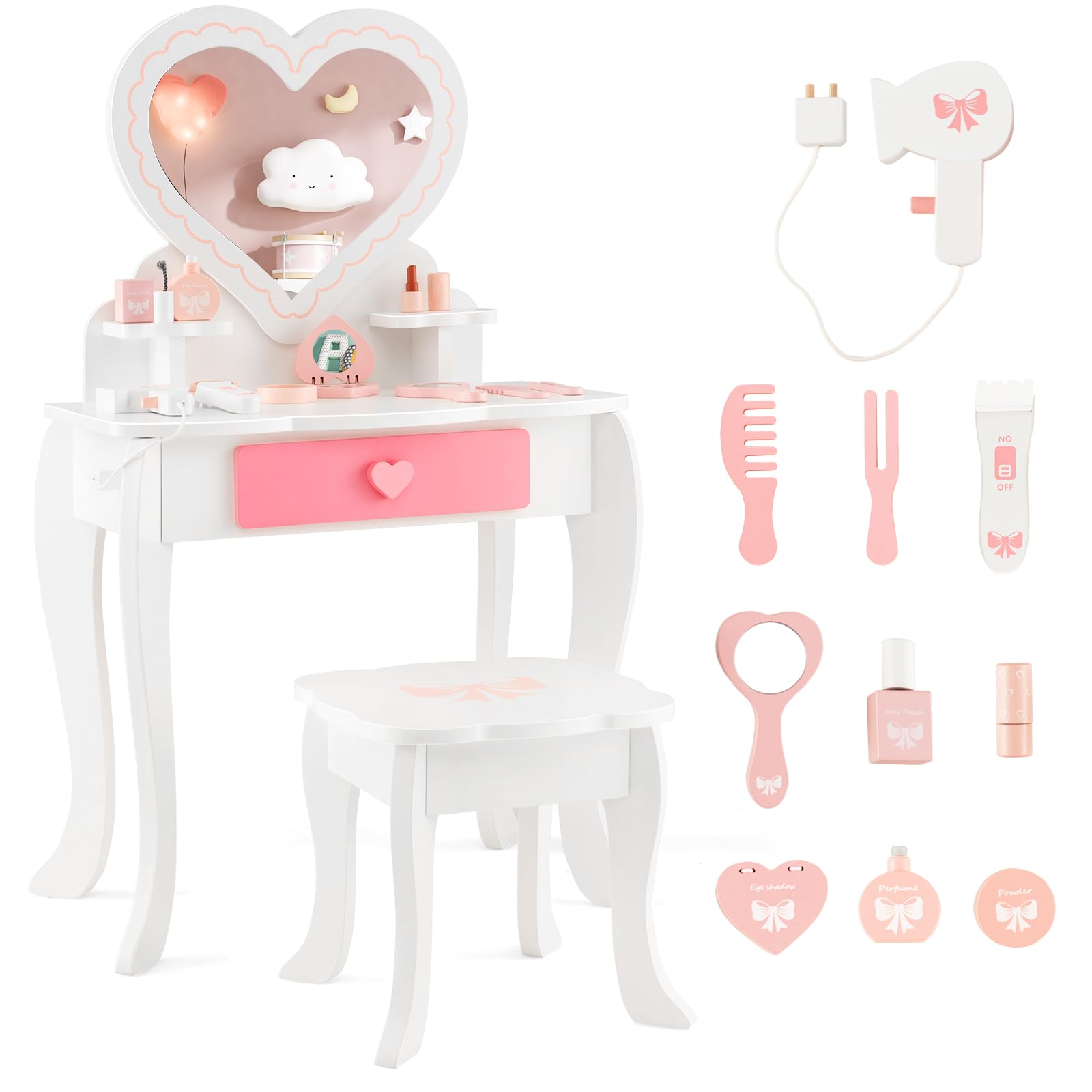 Costzon Kids Vanity Set, Girls Vanity Set with Mirror and Stool, Accessories, Drawer & Storage Shelf, Wooden Princess Makeup Dressing Table, Pretend Play Vanity Table and Chair Set for Toddlers, White