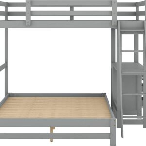 Bunk Beds Twin Over Full Size with Built-in Desk and Three Drawers, Wooden Storage Bunk Beds with Removable Bottom Bed ,Bunk Beds with Ladder & Guardrails for Kids Girls Boys ,Grey