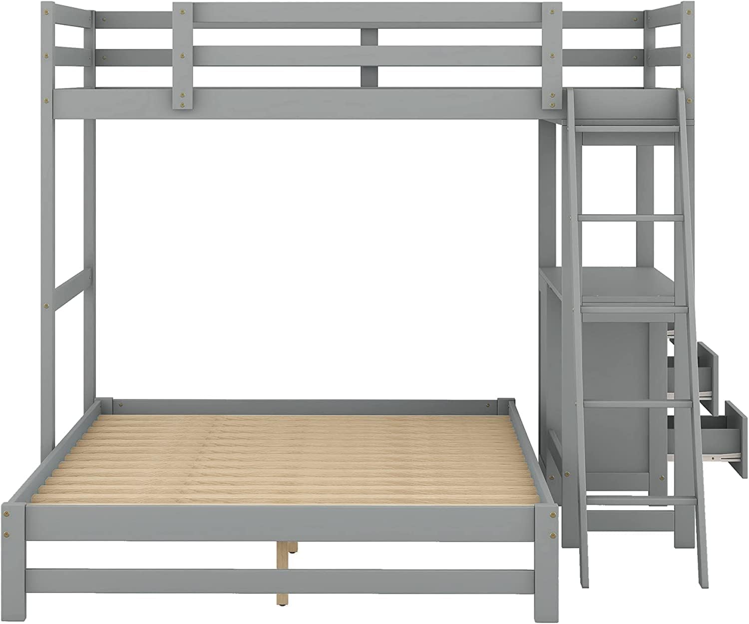 Bunk Beds Twin Over Full Size with Built-in Desk and Three Drawers, Wooden Storage Bunk Beds with Removable Bottom Bed ,Bunk Beds with Ladder & Guardrails for Kids Girls Boys ,Grey