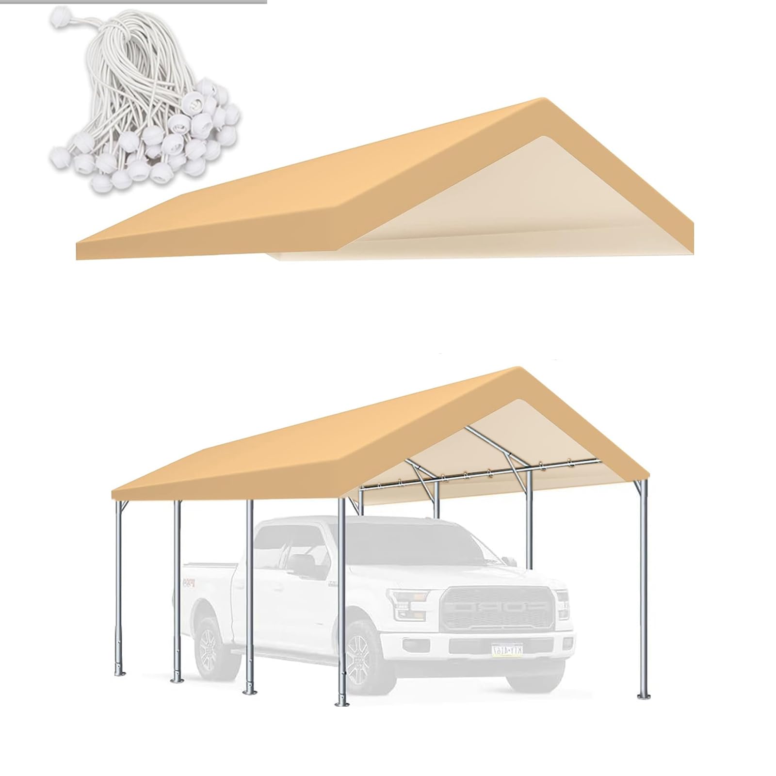 10'x20' Carport Replacement Top Canopy Cover for Car Garage Top Tarp Shelter, Waterproof Car Cover Tent for Party Garden Boat with Ball Bungees (Frame is not Included) (Beige, 10 X 20 FT)