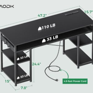 AODK 48 Inch Small Computer Desk with Power Outlets & Type-C, Writing Desk with Storage Shelves Headphone Hook, Student Laptop PC Desks for Small Spaces Home Office, Kids Desk, Black