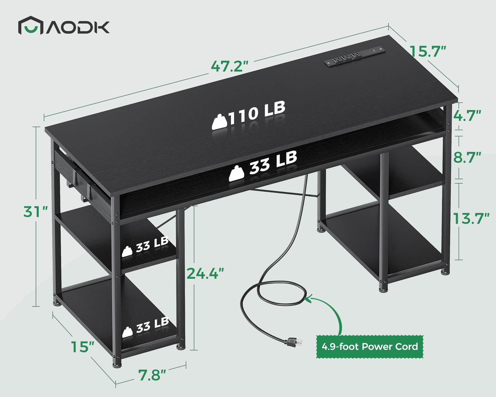 AODK 48 Inch Small Computer Desk with Power Outlets & Type-C, Writing Desk with Storage Shelves Headphone Hook, Student Laptop PC Desks for Small Spaces Home Office, Kids Desk, Black