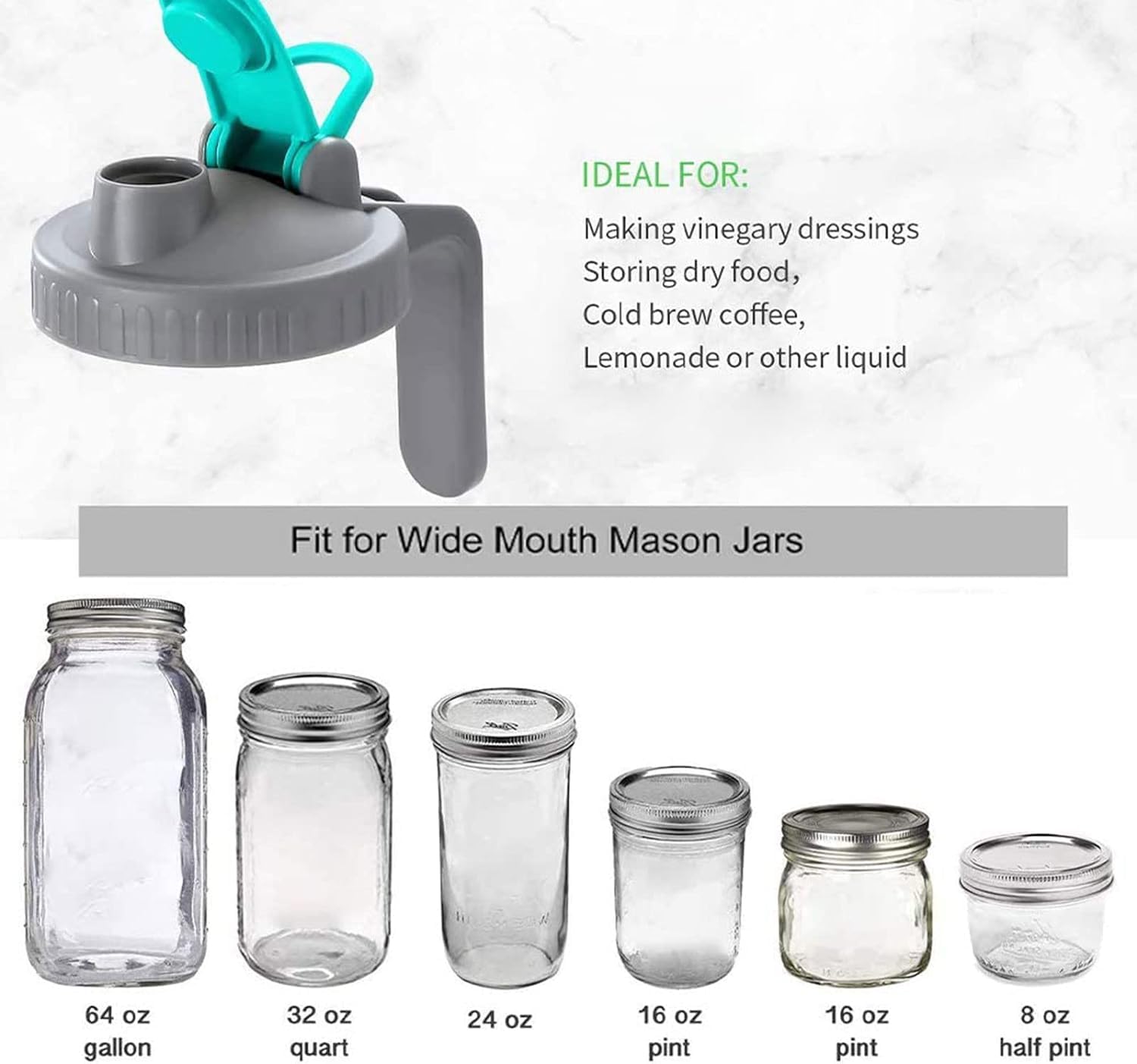 Wide Mouth Mason Jar Pour Spout Lids with Handle Reusable Plastic Flip Cap Lid,Leak-proof Airtight Seal Black, 86mm (Jar Not Included)