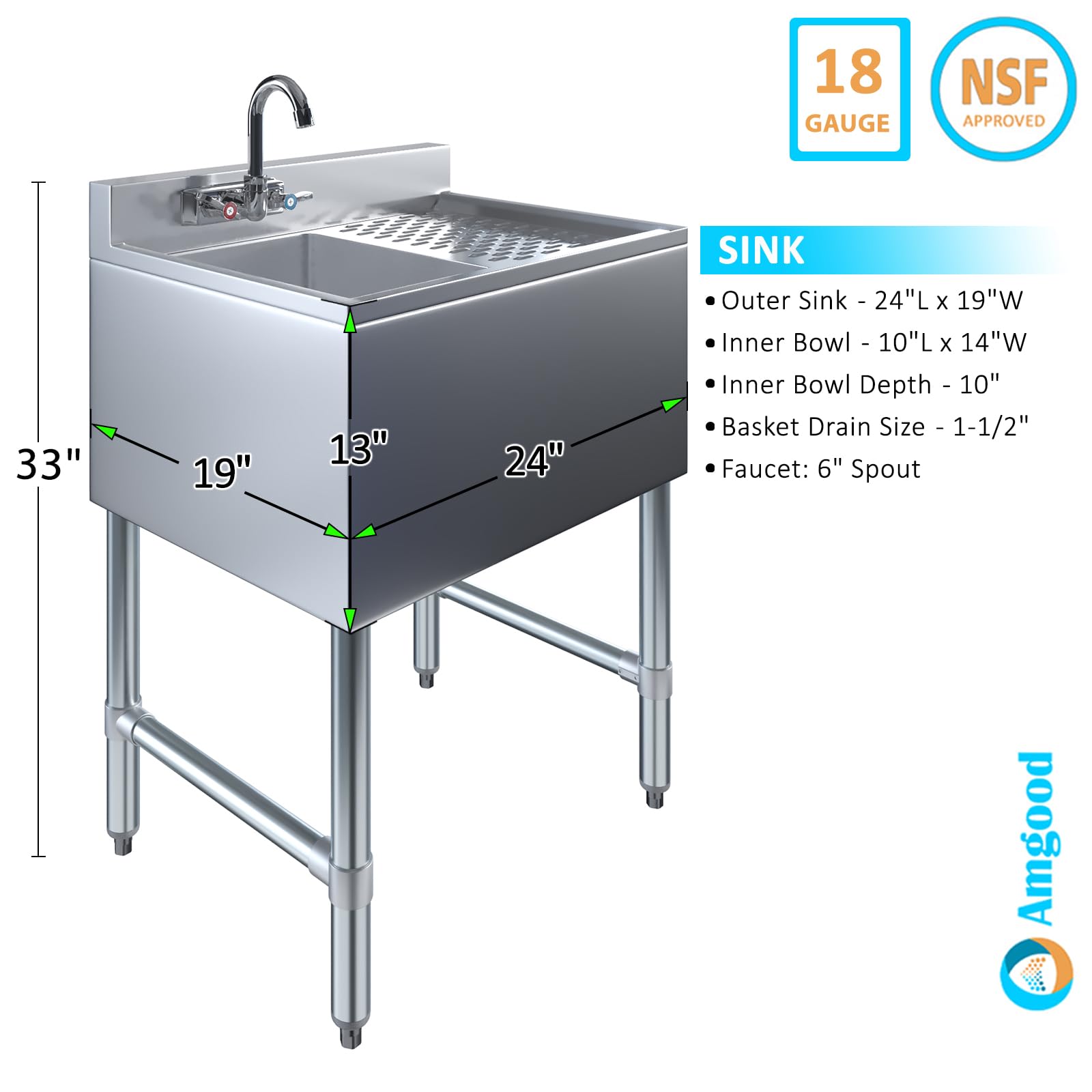 AmGood 1 Compartment Under Bar Sink With 12" Right Drainboard and Faucet - 24" X 18 3/4". NSF. Commercial One Bowl Under Bar Sink