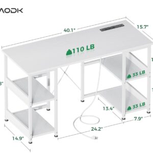 AODK 40 Inch Small Writing Desk with Power Outlets & USB Charging Port, Computer Desk for Small Spaces Home Office, Student Laptop PC Desks with Storage Shelves, Kids Desk, White