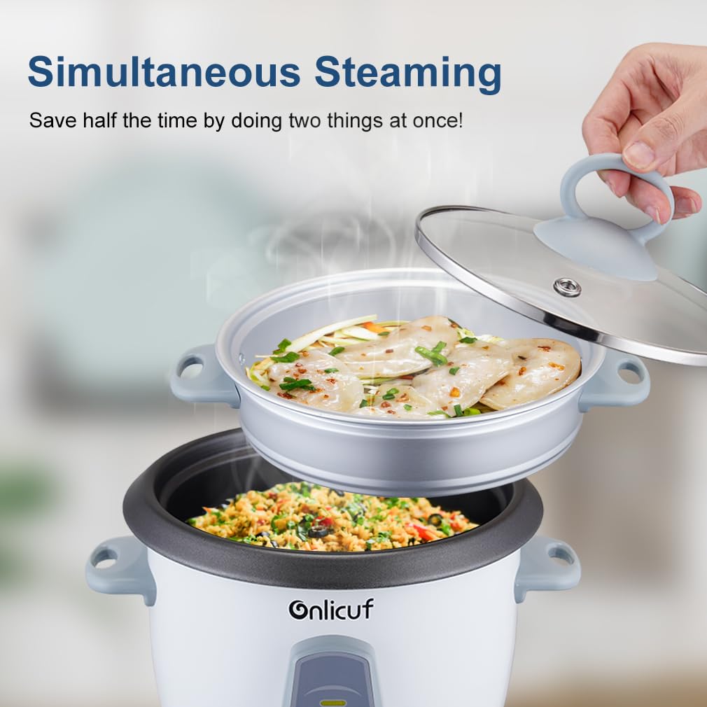 Onlicuf 3 Cups Uncooked 6 Cups Cooked Rice & Grain Cooker with Aluminum Food Steamer, Nonstick Pot, Multicooker, Automatic Keep Warm Function,Resettable Overheat Protection,BPA-free,White