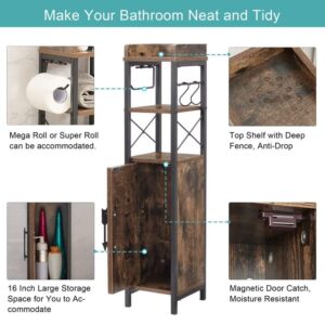 VECELO Small Bathroom Cabinet,Slim Toilet Paper Holder with Door & 2 Shelves, Upgraded Narrow Storage Organizer for Restroom Bathroom Tiny Space,Fenced Top Waterproof Coating, Rustic Brown