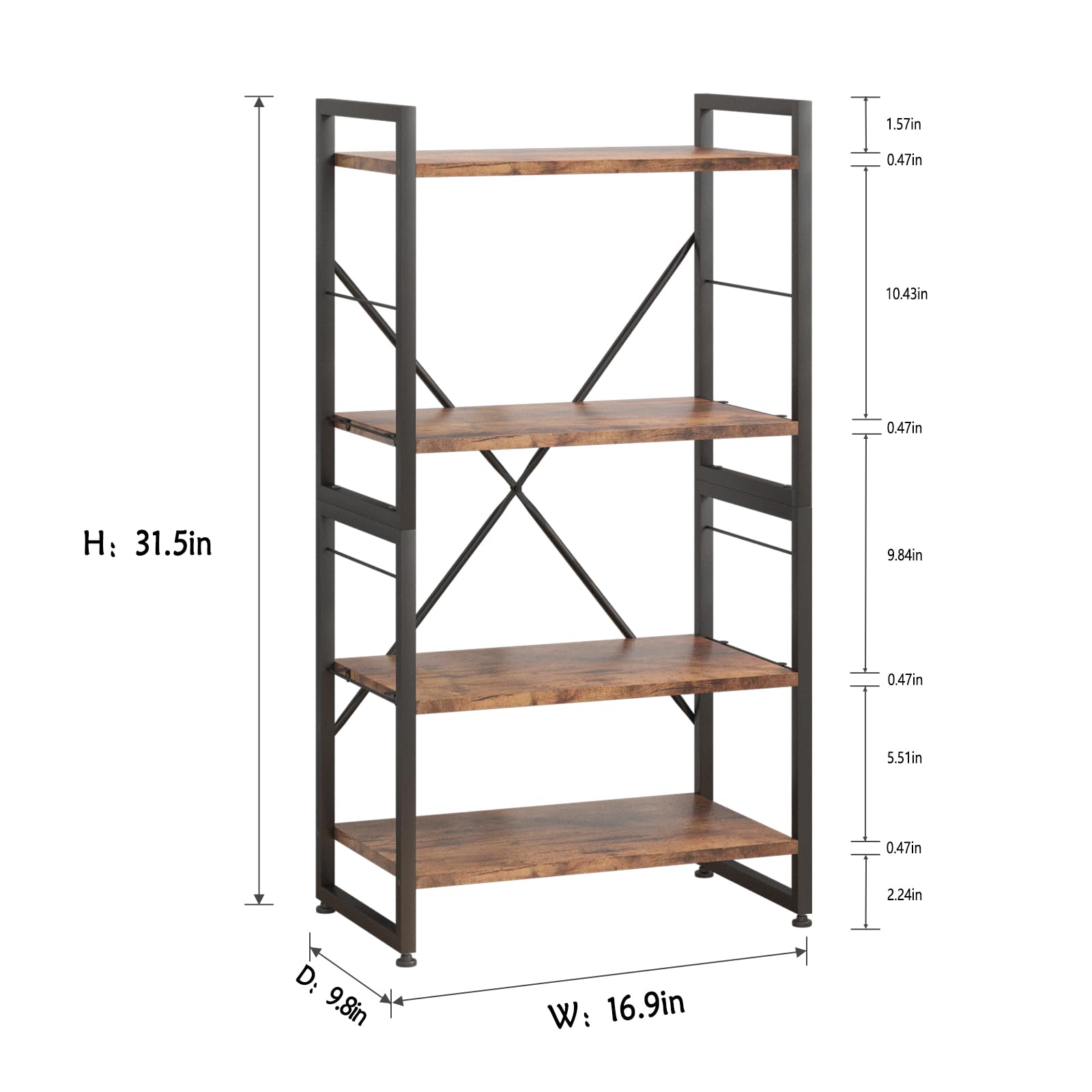 Azheruol 4 Tiers Bookshelf Adjustable Shelf Organizer, Rustic Brown Small Bookcase for Small Space,Industrial Wooden Storage Bookcase Display Rack and Storage Organizer for Living Room Home Office