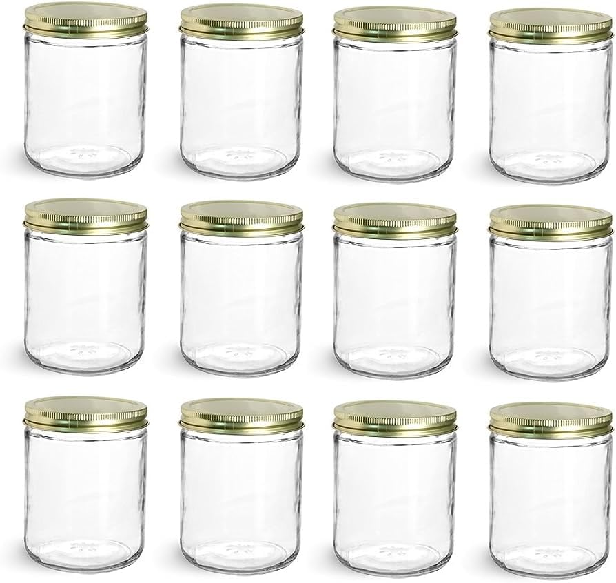 North Mountain Supply 16 Ounce Glass Wide Mouth Straight-Sided Canning Jars - with Gold Metal Lids - Case of 12