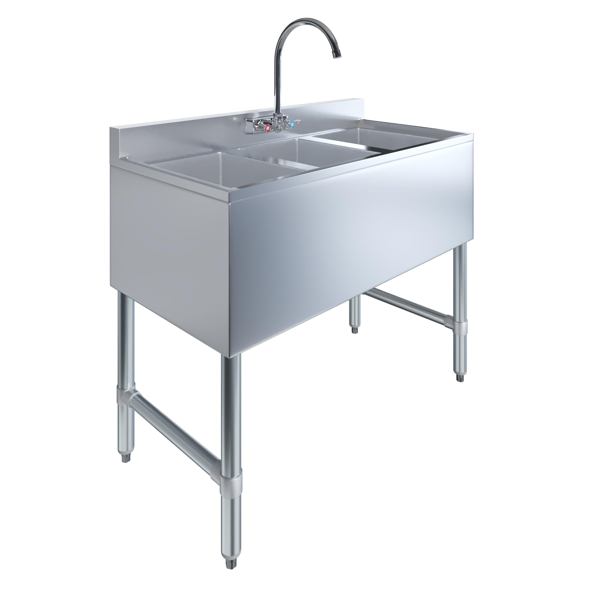 AmGood 3 Compartment Under Bar Sink With Faucet - 38" X 18 3/4". NSF. Commercial Three Bowl Under Bar Sink