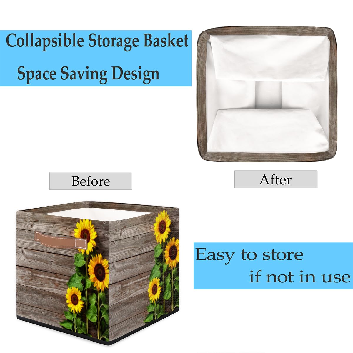 KOBLEN Sunflower Wooden Print Square Storage Basket Collapsible Storage Box Clothes Basket 13x13 Inch Large Cube Storage Bin With PU Leather Handle for Home Office Closet Shelves