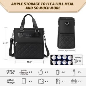 IKISTO Womens Insulated Lunch Bags for Work, Trendy Black Large Lunch Tote Bag for Women with Shoulder Strap, Cute Square Lunch Box for Adults Teacher