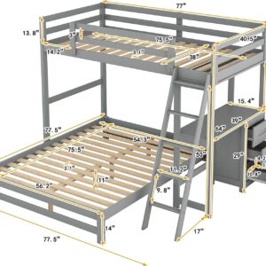 Bunk Beds Twin Over Full Size with Built-in Desk and Three Drawers, Wooden Storage Bunk Beds with Removable Bottom Bed ,Bunk Beds with Ladder & Guardrails for Kids Girls Boys ,Grey