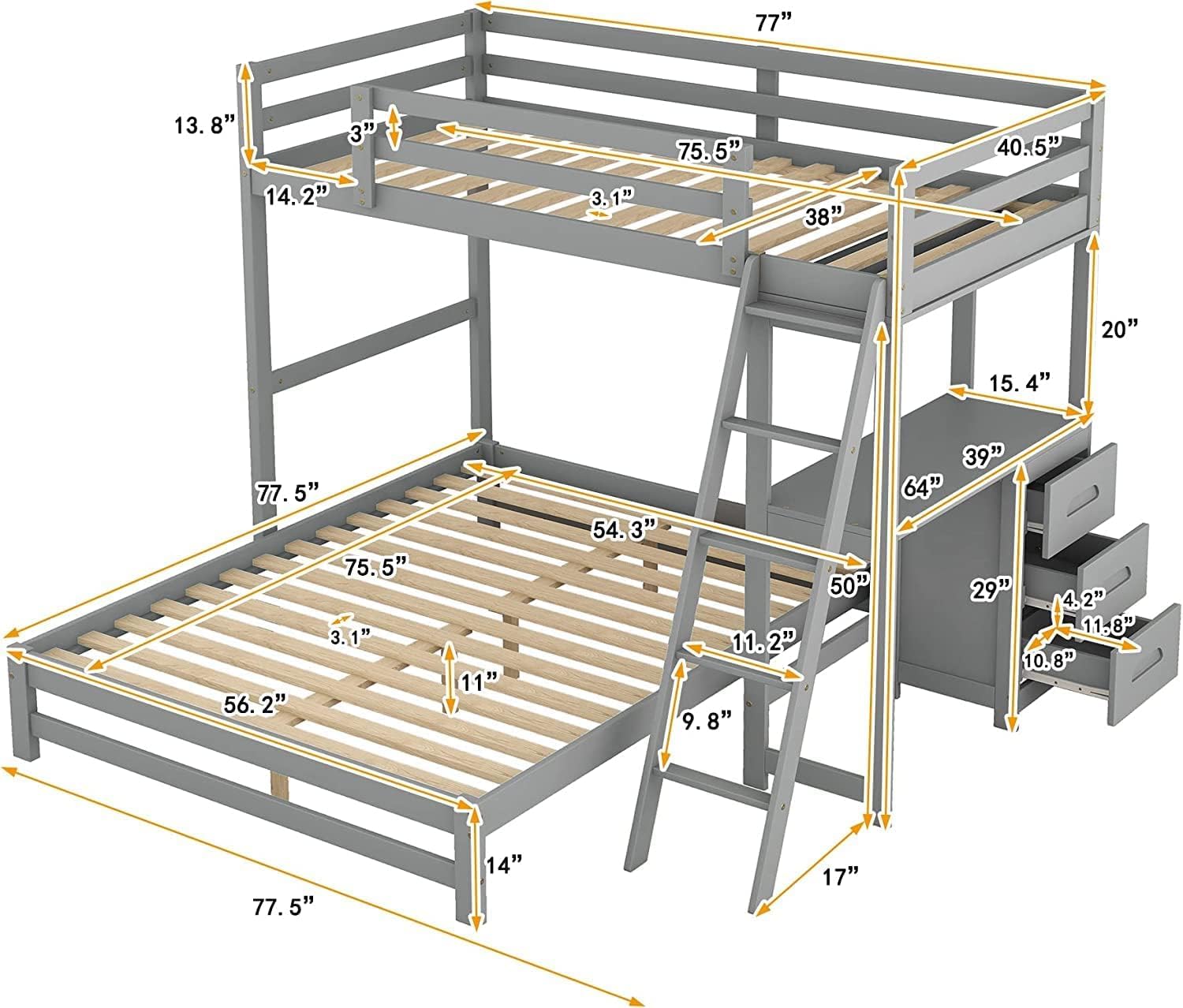 Bunk Beds Twin Over Full Size with Built-in Desk and Three Drawers, Wooden Storage Bunk Beds with Removable Bottom Bed ,Bunk Beds with Ladder & Guardrails for Kids Girls Boys ,Grey