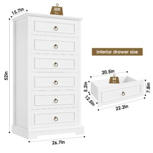 HOSTACK 6 Drawer White Dresser, 52" Tall Dresser, Vertical Dresser, Modern Farmhouse Chest of Drawers, Wood Closet Dresser Storage Dresser Chest for Living Room, Hallway, Entryway