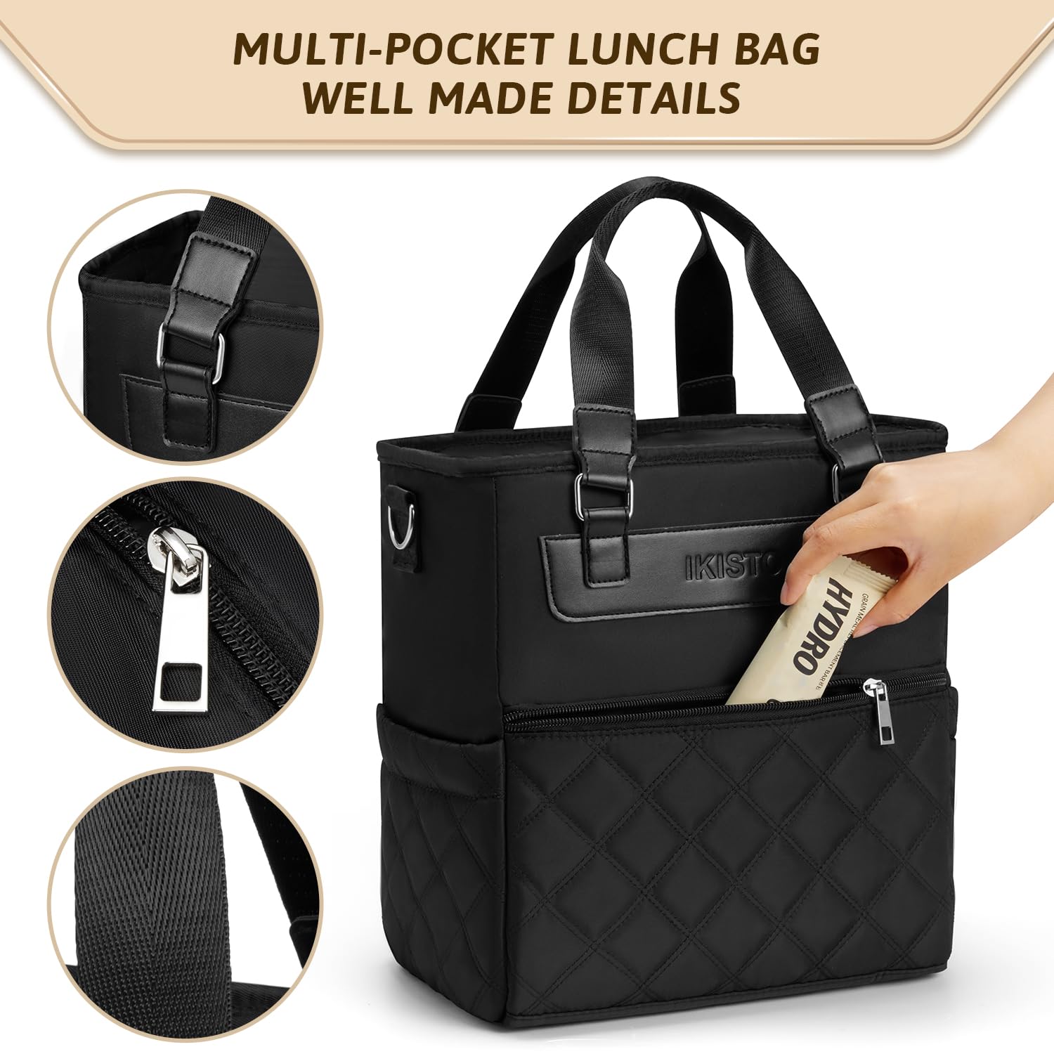 IKISTO Womens Insulated Lunch Bags for Work, Trendy Black Large Lunch Tote Bag for Women with Shoulder Strap, Cute Square Lunch Box for Adults Teacher