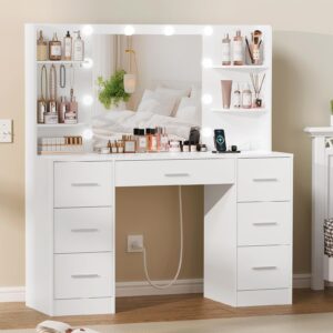 Quimoo Large Vanity Desk with LED Lighted Mirror & Power Outlet,Makeup Vanity Table with 7 Drawers,4 Shelves and 5 Hooks,Vanity Table, Vanity Desk Set for Bedroom,Bathroom,White