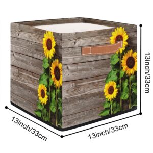 KOBLEN Sunflower Wooden Print Square Storage Basket Collapsible Storage Box Clothes Basket 13x13 Inch Large Cube Storage Bin With PU Leather Handle for Home Office Closet Shelves