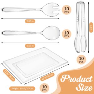 Tioncy 40 Pcs Plastic Serving Utensils Set Disposable Clear Utensils Include 30 Pcs 9" Plastic Serving Spoon Forks Tongs and 10 Pcs 15'' X10'' Plastic Serving Trays Serving Food Party Buffet Cutlery