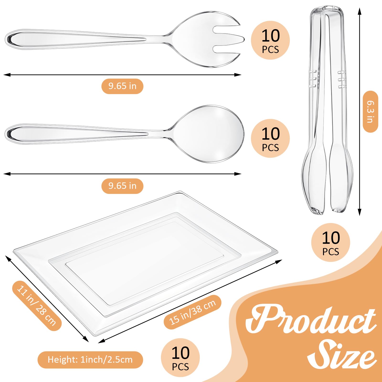 Tioncy 40 Pcs Plastic Serving Utensils Set Disposable Clear Utensils Include 30 Pcs 9" Plastic Serving Spoon Forks Tongs and 10 Pcs 15'' X10'' Plastic Serving Trays Serving Food Party Buffet Cutlery