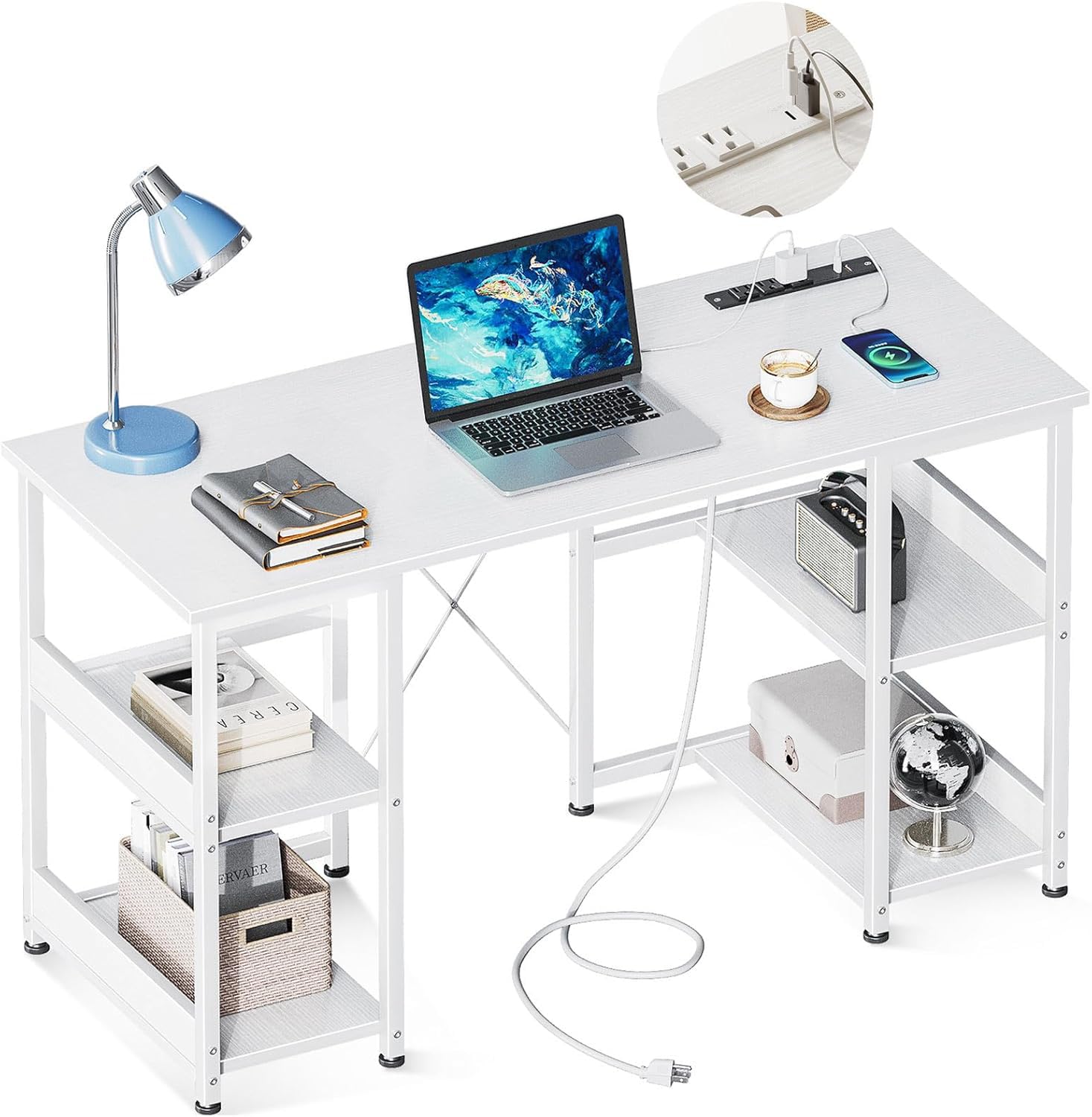 AODK 40 Inch Small Writing Desk with Power Outlets & USB Charging Port, Computer Desk for Small Spaces Home Office, Student Laptop PC Desks with Storage Shelves, Kids Desk, White