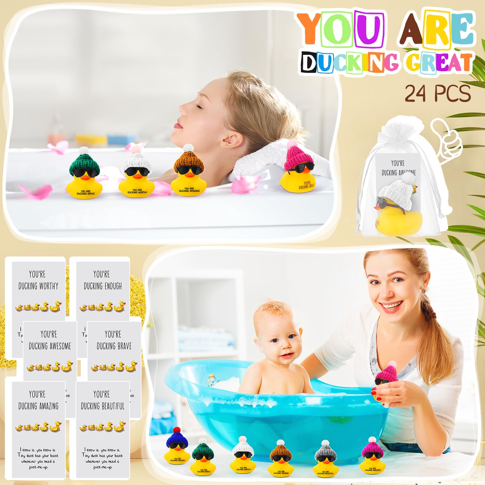 Liliful 24 Set Inspirational Mini Rubber Ducks with Glasses You Are Awesome Sign Yellow Ducks Employee Appreciation Thank You Gift with Cheer Cards