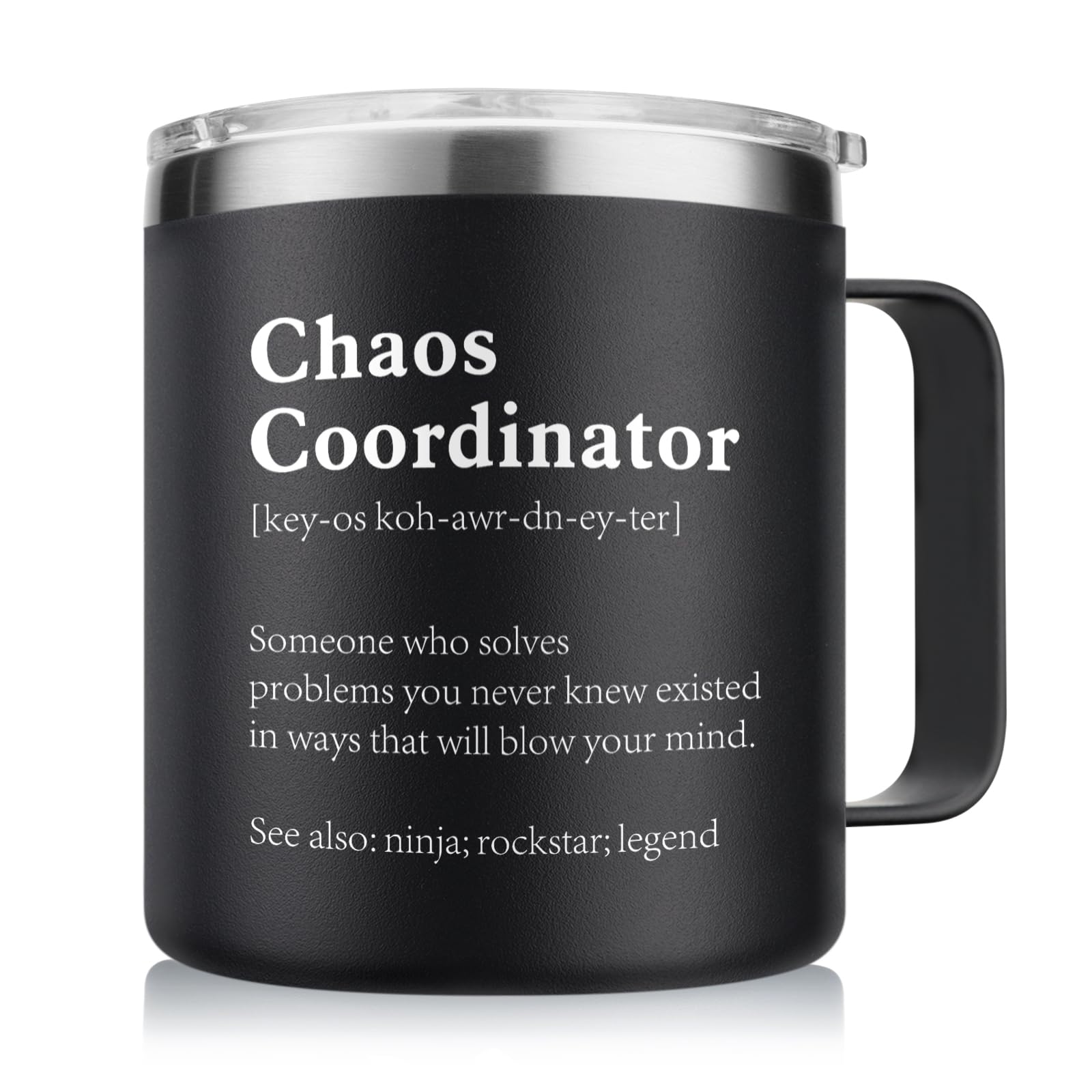 NOWWISH Christmas Gifts for Men Boss Coworker Teacher Friend - Chaos Coordinator Mug - White Elephant,Birthday, Funny Gifts for Men, 14oz Black