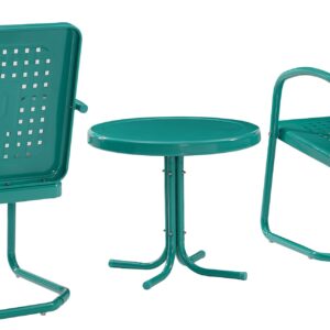 Crosley Furniture Bates Retro Metal Outdoor Loveseat Glider + 3-Piece Seating Set with Side Table and 2 Chairs, Turquoise Gloss