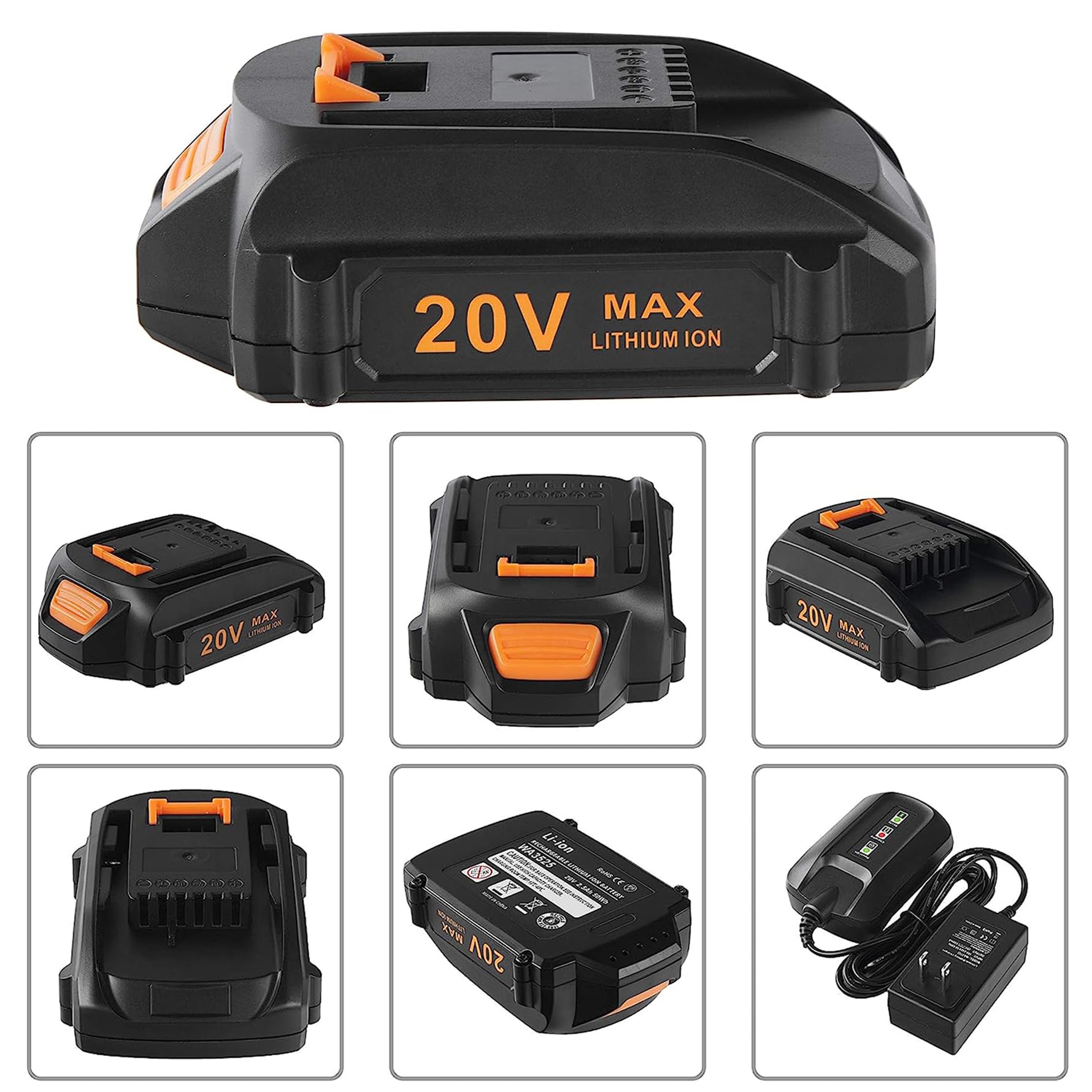 Chgdkjy Replacement 20V Battery and Charger WA3742 Starter Kit, for Battery WA3525 WA3520 WA3575, Compatible with Worx 20 Volt Cordless Tools WG184 WG261 WG324 WG545.6 WG584 WG644 WG779