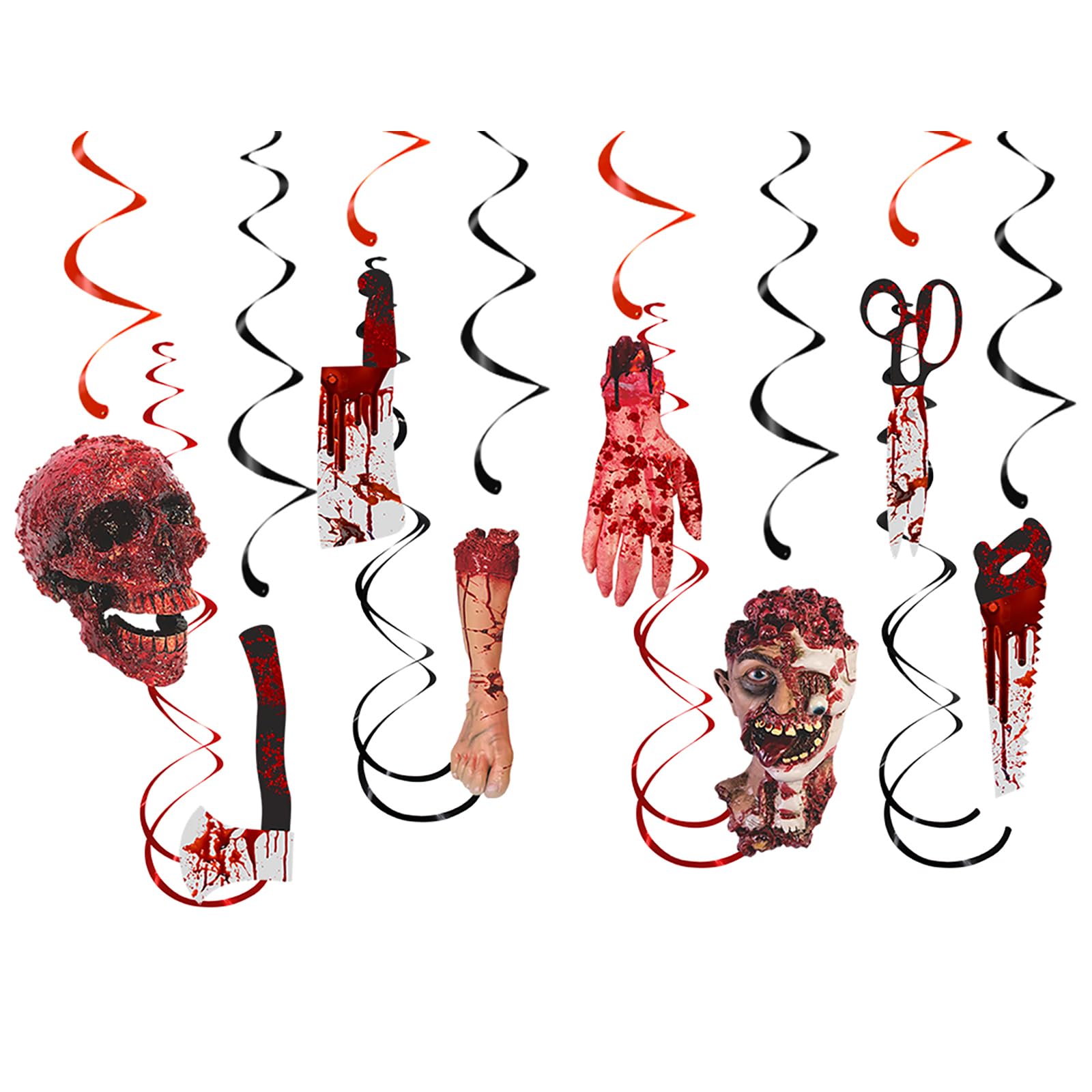 Halloween Bloody-Scary Indoor-Outdoor Party-Decoration Garland - 12pcs Creepy Skulls Zombie Skeleton Haunted House Swirl Streamers Banner,Window Fireplace Classroom Hanging Decor Lasting Surprise…