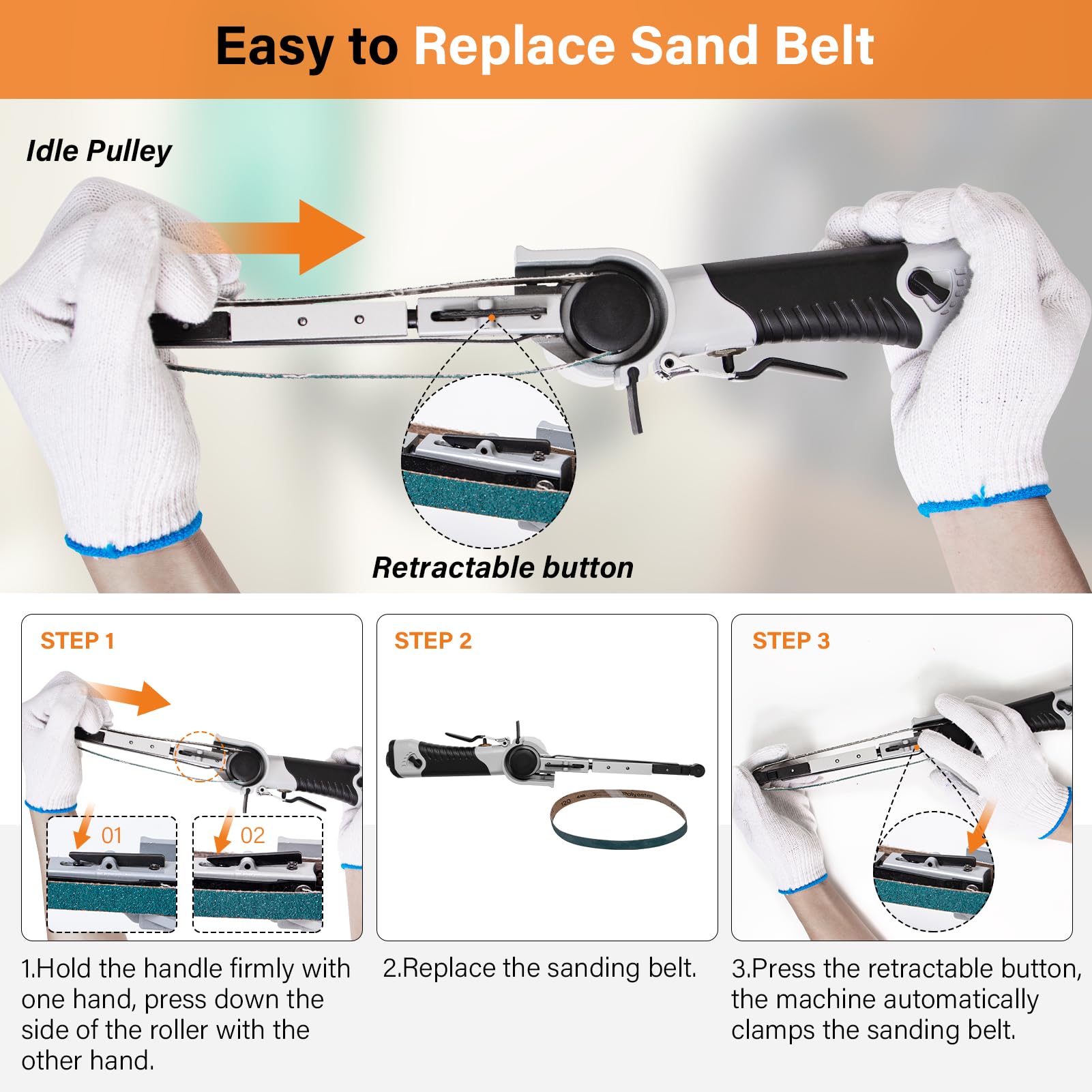 1/2" x 18" Air Belt Sander, Mini Belt Sander for Woodworking/Metal Working Handheld All Angle Grinder Belt Sander with 3 Belts (36/40/60#) Industrial Pneumatic Tool