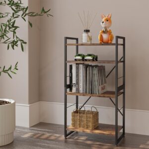 Azheruol 4 Tiers Bookshelf Adjustable Shelf Organizer, Rustic Brown Small Bookcase for Small Space,Industrial Wooden Storage Bookcase Display Rack and Storage Organizer for Living Room Home Office