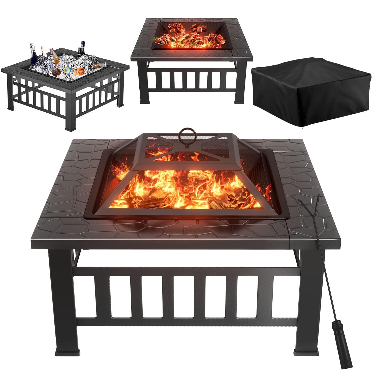 Greesum Multifunctional Patio Fire Pit Table, 32in Square Metal BBQ Firepit Stove Backyard Garden Fireplace with Spark Screen Lid and Rain Cover for Camping, Outdoor Heating, Bonfire, Dark Black