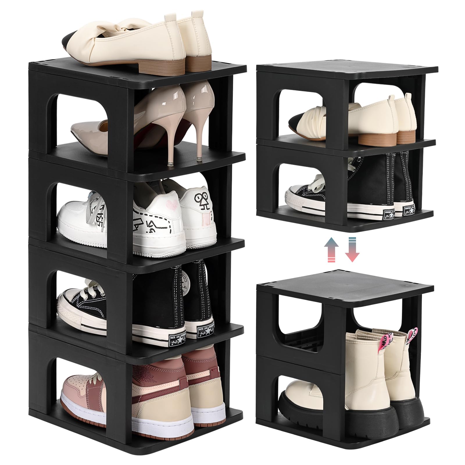 TRZZ 5-Tier Small Shoe Rack for Entryway, DIY Small Shoe Organizer, Removable Partition Mini Shoe Shelf for Closet, Small Space (Plastic, Black)