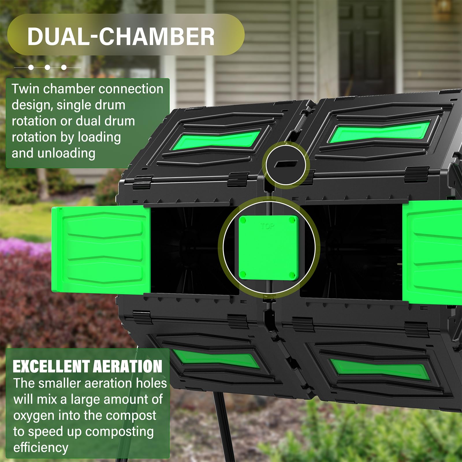 Efurden Compost Bin Outdoor, 45 Gallon Large Compost Tumbler, Fast and Efficient Dual Chamber Tumbling Composter for Garden, Kitchen, and Yard Waste, Easy Assemble and Turning, Green