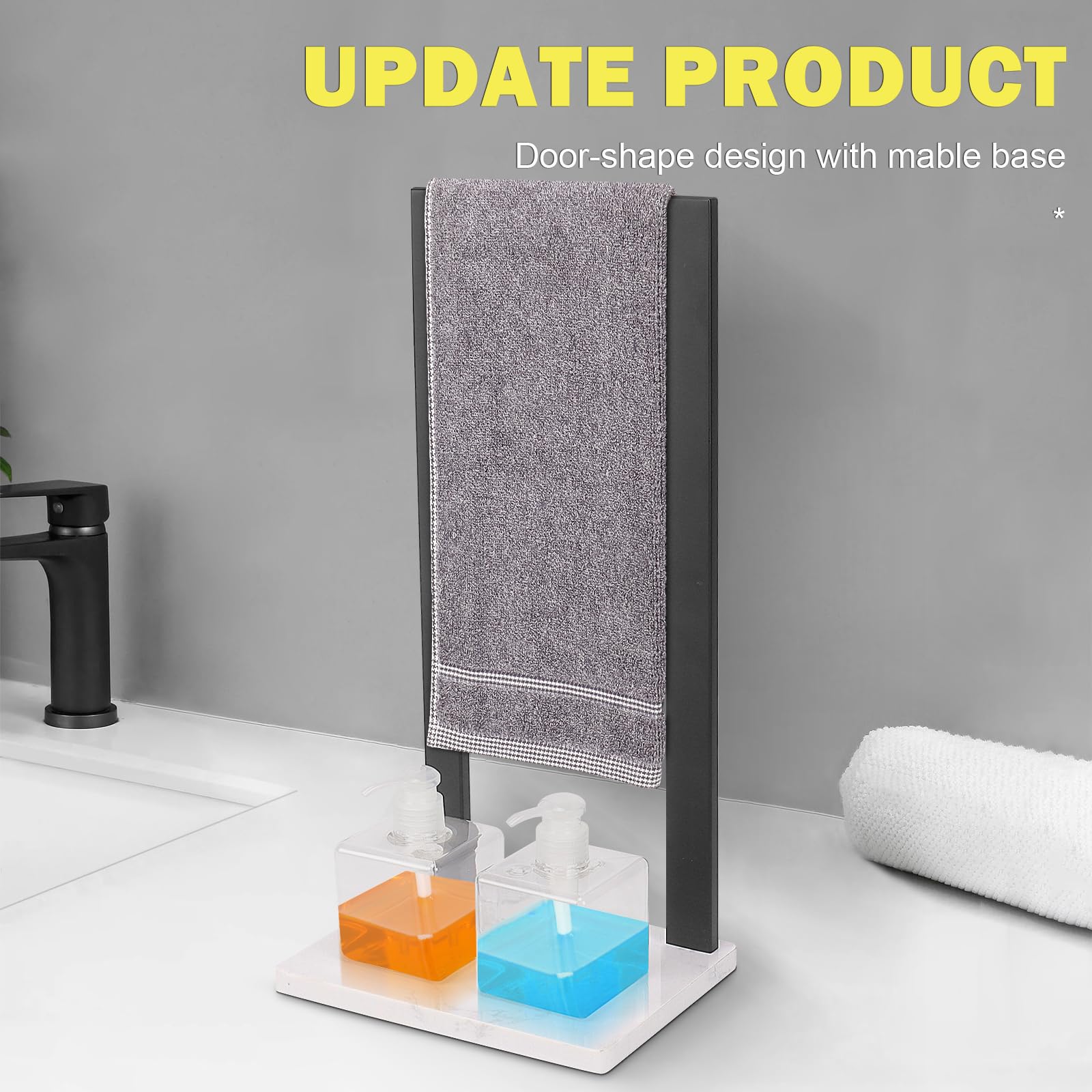 Winmien Hand Towel Holder with Marble Base, SUS304 Stainless Steel Freestanding Towel Rack Combo, Towel Stand + 2 Clear Soap Dispensers, Suitable for Bathroom Kitchen Vanity (Matte Black)