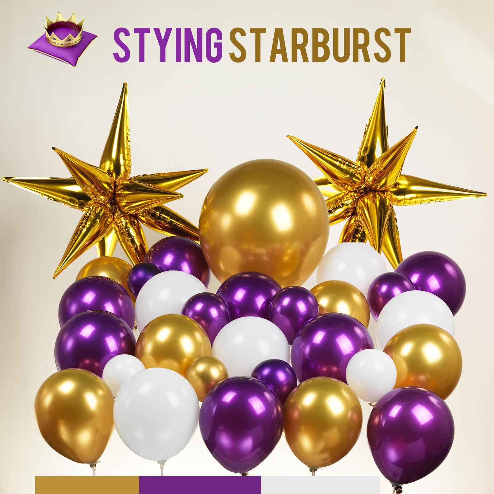 Royal Purple and Gold balloon Garland Arch Kit 140Pcs double stuffed chrome Royal Purple & Starburst balloons for Girl 15/16th Birthday decorations women retirement Graduation Prom supplies