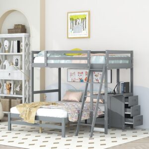 bunk beds twin over full size with built-in desk and three drawers, wooden storage bunk beds with removable bottom bed ,bunk beds with ladder & guardrails for kids girls boys ,grey