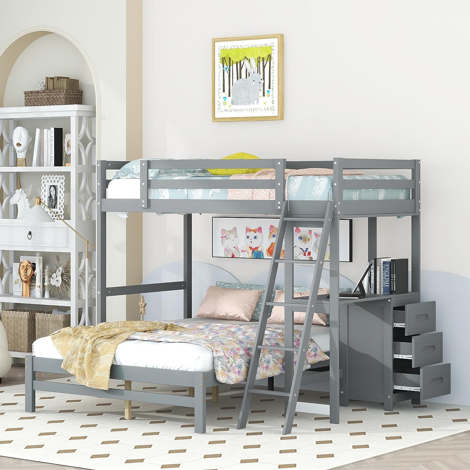 Bunk Beds Twin Over Full Size with Built-in Desk and Three Drawers, Wooden Storage Bunk Beds with Removable Bottom Bed ,Bunk Beds with Ladder & Guardrails for Kids Girls Boys ,Grey