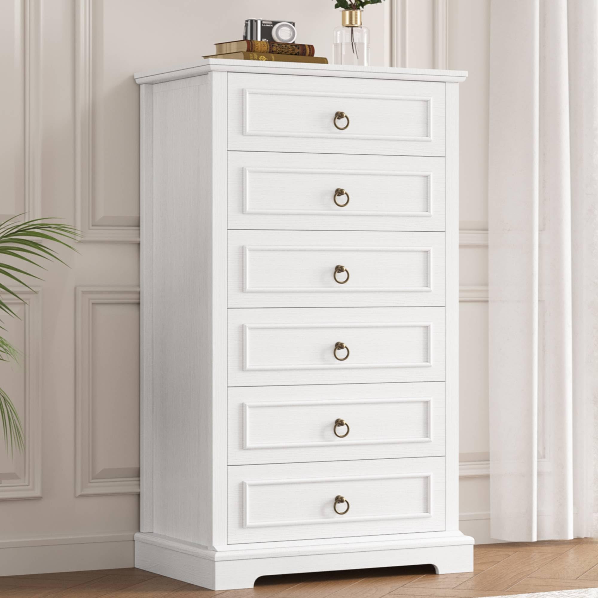 HOSTACK 6 Drawer White Dresser, 52" Tall Dresser, Vertical Dresser, Modern Farmhouse Chest of Drawers, Wood Closet Dresser Storage Dresser Chest for Living Room, Hallway, Entryway