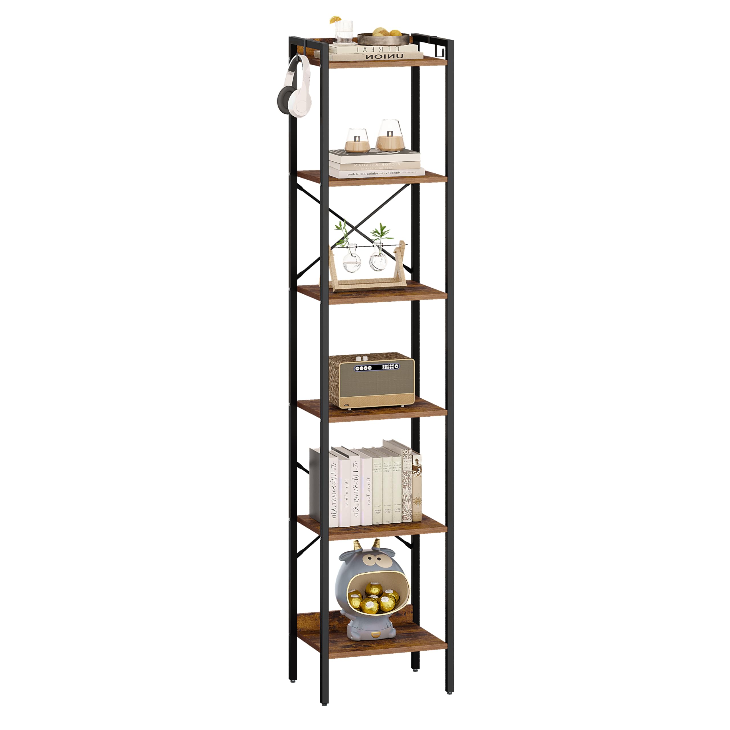 Hzuaneri Bookshelf, Book Shelf, Industrial Bookcase with 2 Hooks, Coner Shelf Storage Organizer for Home Office, Living Room, Bedroom, Kitchen, 6-Tier Rustic Brown BC10701B