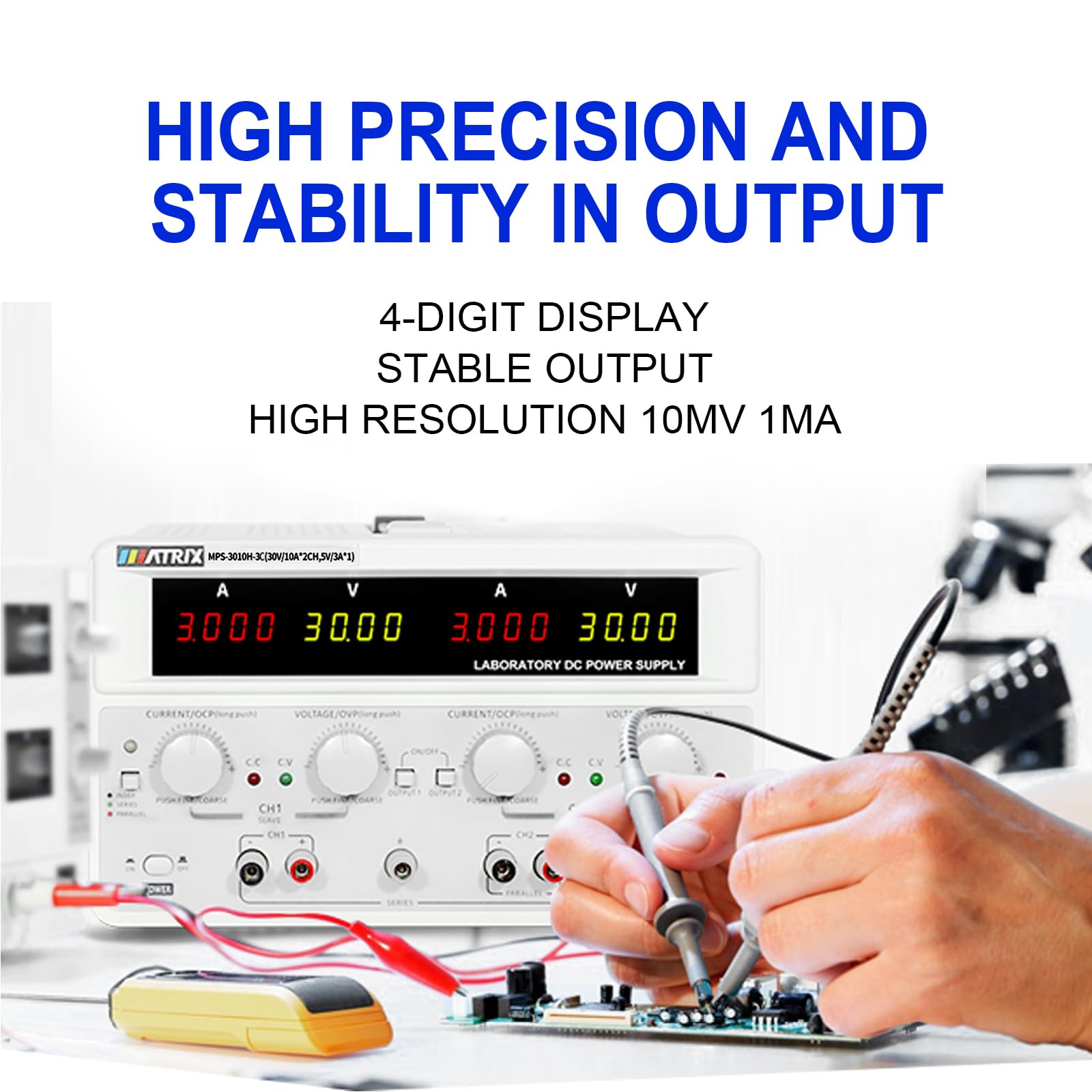 MATRIX DC Power Supply Variable 30V 10A 615W, 10mV 1mA Bench Power Supply High Precision 3 Output, Linear Power Supply with Bright Screen, Series Parallel Mode, USB RS232 RS485 Interface, MPS-3010H-3C