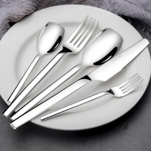 40 Piece Silverware Set, Stainless Steel Flatware Cutlery Set for 8, Mirror Polished Square Tableware Eating Utensils Set for Kitchen, Include Knife Fork Spoon Set,Dishwasher Safe