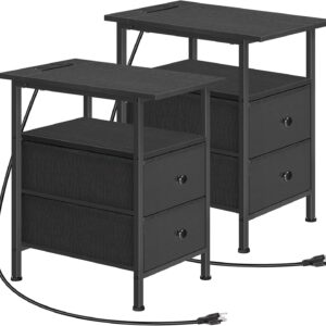 HOOBRO End Table Set of 2 with Charging Station, Narrow Side Tables, Narrow Nightstand with 2 Non-Woven Drawers, Slim Sofa Table, for Small Spaces, Living Room, Bedroom, Black BB486UBZP201