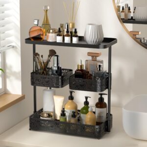 mascor bathroom counter organizer, 3-tier bathroom organizer countertop with 360 rotate basket, perfume vanity makeup bathroom storage, bathroom organizers and storage for kitchen,office (black)