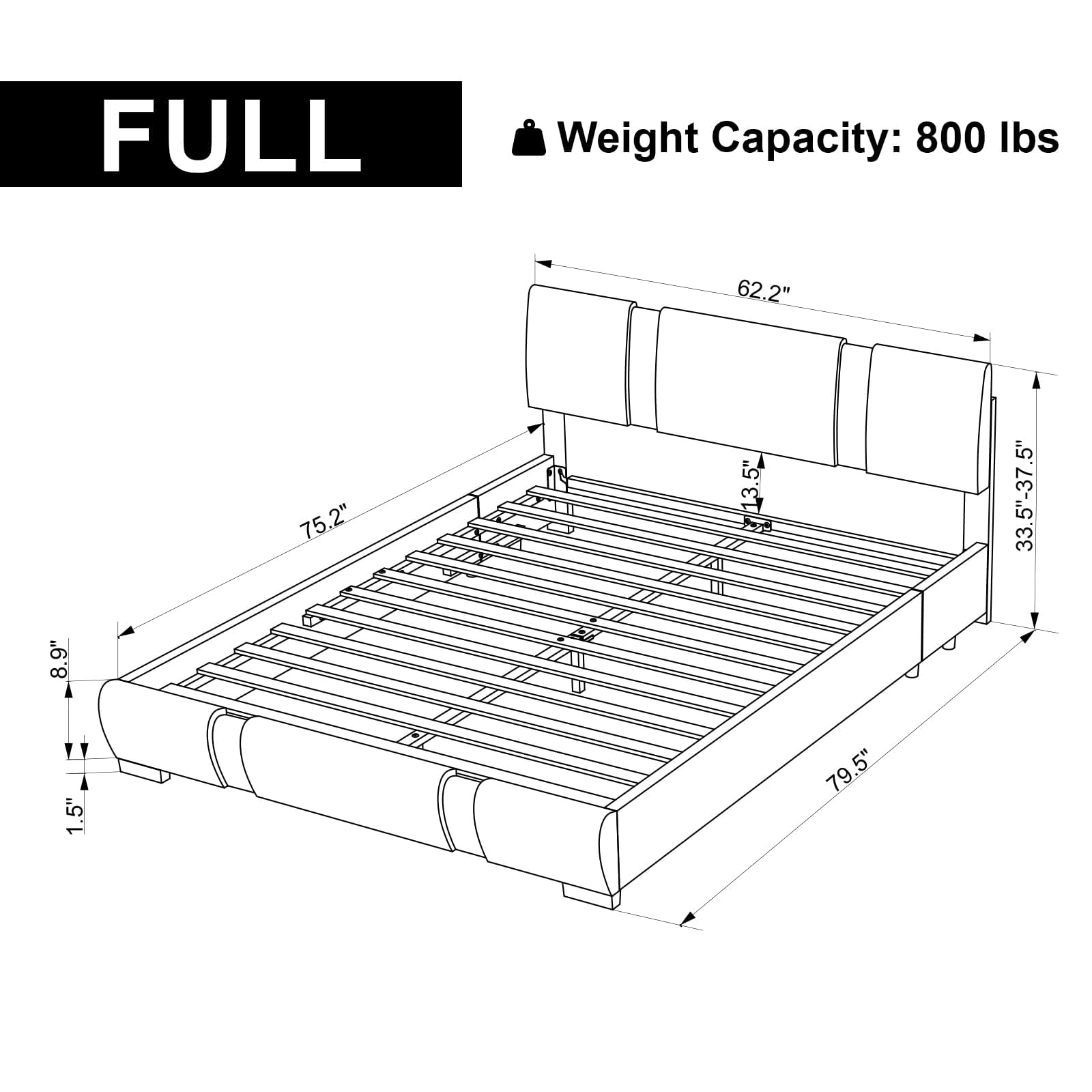 Kallabe Full Modern Faux Leather Upholstered Bed Frame with Adjustable Headboard, LED Lights，Low Profile Platform Bed with Iron Piece Decor，Wooden Slats Support, No Box Spring Needed, Black