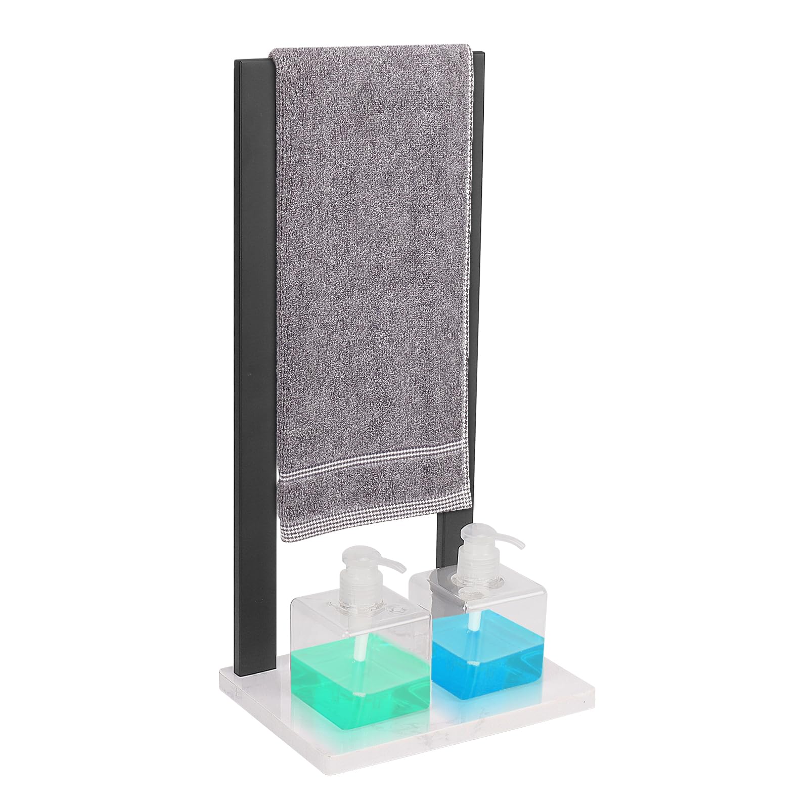 Winmien Hand Towel Holder with Marble Base, SUS304 Stainless Steel Freestanding Towel Rack Combo, Towel Stand + 2 Clear Soap Dispensers, Suitable for Bathroom Kitchen Vanity (Matte Black)