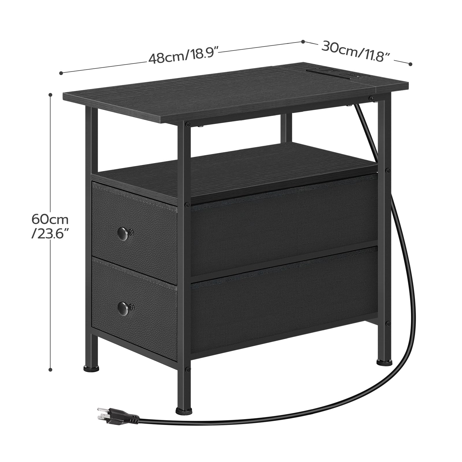 HOOBRO End Table Set of 2 with Charging Station, Narrow Side Tables, Narrow Nightstand with 2 Non-Woven Drawers, Slim Sofa Table, for Small Spaces, Living Room, Bedroom, Black BB486UBZP201